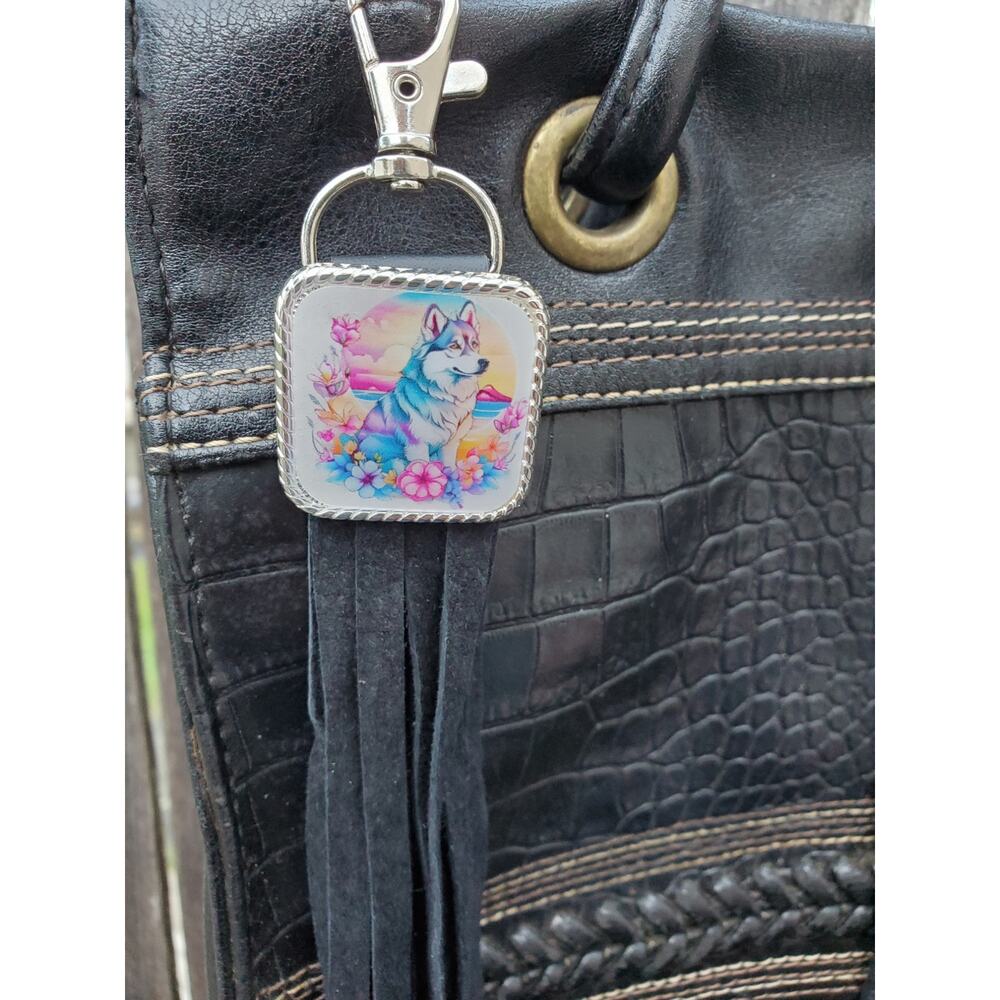 Handmade boho Husky dog gift Leather Fringe Western bag charm keychain